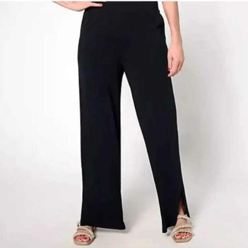 Denim & Co. Beach Jersey Tall Wide Leg Pant with Slits - Black - Tall Large